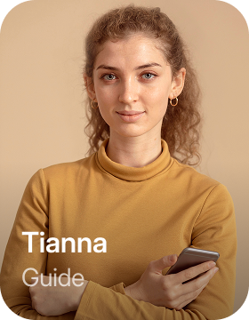 Portrait of a woman in a mustard turtleneck holding a phone, labeled as Tianna, Guide.