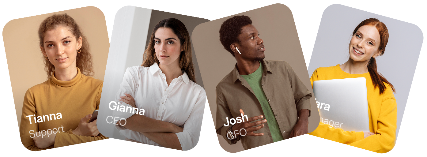 Four team members: Tianna in mustard sweater holding a phone, Gianna in white shirt with arms crossed, Josh in green shirt and brown jacket wearing AirPods, and Clara in yellow sweater holding a laptop.